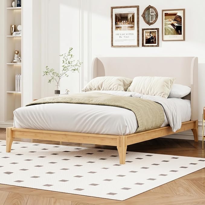Merax Bamboo Wood 12 Inch Platform Bed with 48" Upholstered High Headboard | Queen Size Bed Frame with Wood Slat Support, No Box Spring Needed, Easy Tool-Free Assembly, Beige+ Natural