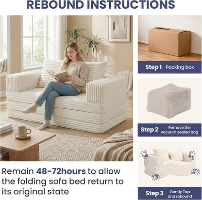 Convertible Sofa Bed, 4-in-1 Boneless Loveseat with Removable Armrests Backrest, Corduroy Futon Couch Bed with Pillow, Foldable Mattress Sleeper Sofa for Living Room Bedroom Small Place (Beige)