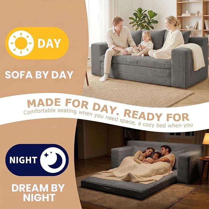 Boneless Couch Sofa Bed, 70'' Convertible Tri-Folding Futon Sleeper with Handle & Side Pockets, Pull Out Couch Bed with Hook and Loop No Assembly for Small Space,Living Room & Bedroom