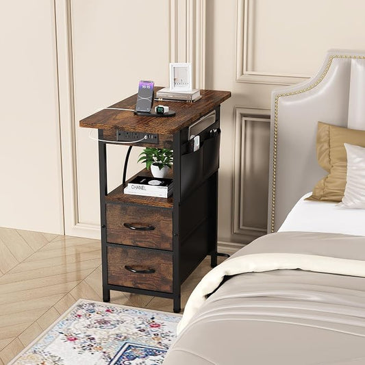 Yenlure Small Side Table with Charging Station, Narrow Nightstand Bedside Tables with Storage Pocket for Living Room Bedroom, Sofa End Table with USB Ports and Power Outlets for Small Spaces