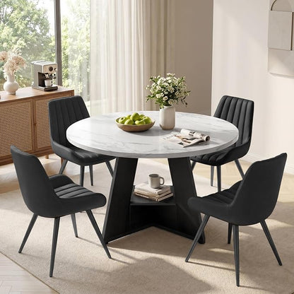 47.3 Inch Round Dining Table Set for 4, Round Kitchen Table with Chairs, Space Saving Dining Room Table set with Storage Shelf for Apartment Kitchen Dining Room, Faux Marble Table+4 Black Chairs