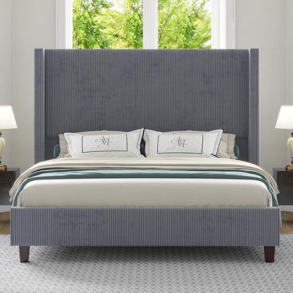 HOWE King Size Bed Frame with 61.4" Extra Tall Headboard, Corduroy Upholstered Bed with Vertical Wingback Headboard, No Box Spring Needed/Noise Free/Solid Wood Slats & Legs/Grey