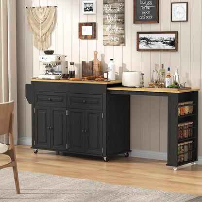 80"-48" Extendable Kitchen Island with Extended Dining Table and Power Outlet,Large Mobile Kitchen Storage Islands with 2 Storage Drawers,Rolling Islands Cart with 3 Extra Rows Open Shelves(Black)