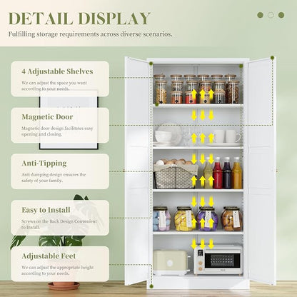 RAVIGIN Metal Storage Cabinet,71" H Pantry Cabinet with 2 Doors and 5 Adjustable Shelves,6 Tier Tall Kitchen Storage Cabinets for Kitchen,Pantry,Living/Study/Laundry Room(White)