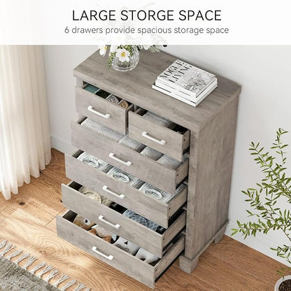 Garvee Dresser for Bedroom with 6 Drawers, 45 in Tall Grey Dressers & Chests of Drawers with Storage, Wooden Storage Organizer Dressers for Closet, Large Drawer Dresser for Living Room, Entryway