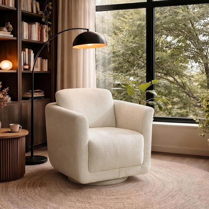 Swivel Accent Chair, 360° Barrel Chair with Solid Wood Frame & Removable Ergonomic Support Back Cushion, Fully Assembled Chenille Armchair for Living Room & Bedroom, Beige