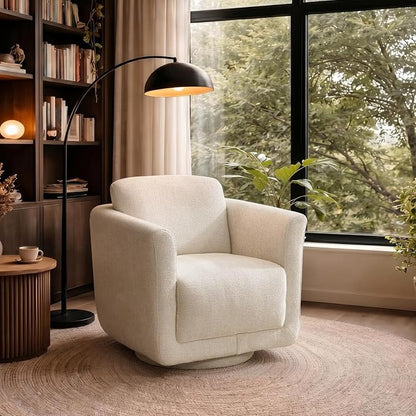 Swivel Accent Chair, 360° Barrel Chair with Solid Wood Frame & Removable Ergonomic Support Back Cushion, Fully Assembled Chenille Armchair for Living Room & Bedroom, Beige