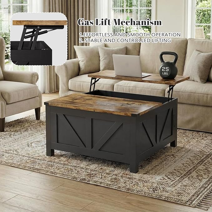 35” Farmhouse Coffee Table with Large Storage, Rustic Wood Lift Top Coffee Table for Living Room, Square Center Table with Charging Station&USB, Modern Port Pottery Barn Lift top Table