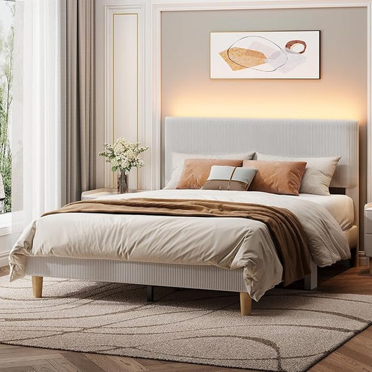 Bestier Queen Bed Frame with Headboard LED Lighting,Upholstered,Light Grey | LED Light Headboard,Easy Assembly,No Squeaks,Vertical Channel Corduroy Upholstered,Wood Slats Support,No Box Spring Needed