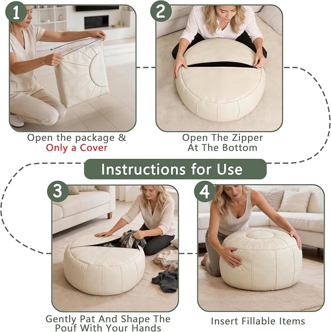 Thgonwid Unstuffed Moroccan Storage Pouf Foot Stool Ottoman Seat, No Filler Included, Handmade Faux Leather Bean Bag Floor Chair Foot Rest for Living Room, Bedroom or Balcony, Ivory White