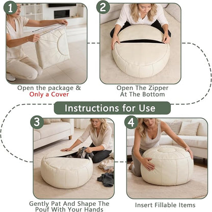Thgonwid Unstuffed Moroccan Storage Pouf Foot Stool Ottoman Seat, No Filler Included, Handmade Faux Leather Bean Bag Floor Chair Foot Rest for Living Room, Bedroom or Balcony, Ivory White