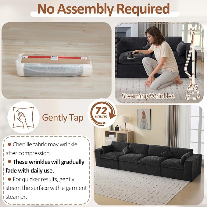 146''Cloud Boneless Sectional Couch, Modular Sectional Sofa Deep Seat, Oversized Upholstered Convertible Comfy 4 Seater Chenille Memory Foam Sofa Couches for Living Room, Dark