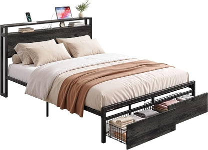 LIKIMIO Queen Bed Frame with 2 2-Tier Storage Headboard, Platform Bed with 2 Drawers and Charging Station, No Box Spring Needed, Easy Assembly, Charcoal Grey