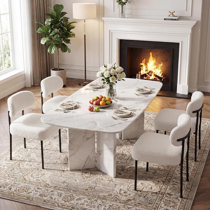 Dining Chairs, White Boucle, 2 Pack | Kitchen Dining Room, Curved Backrest, Comfortable Upholstered, Mid Century Modern