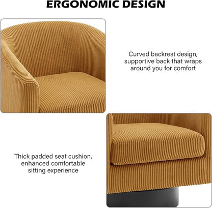 Swivel Barrel Accent Chair, Modern Round Corduroy Fabric Arm Chair for Living Room, Bedroom, Comfy Club Reading Chairs for Adults (Corduroy Orange, Set of 4)
