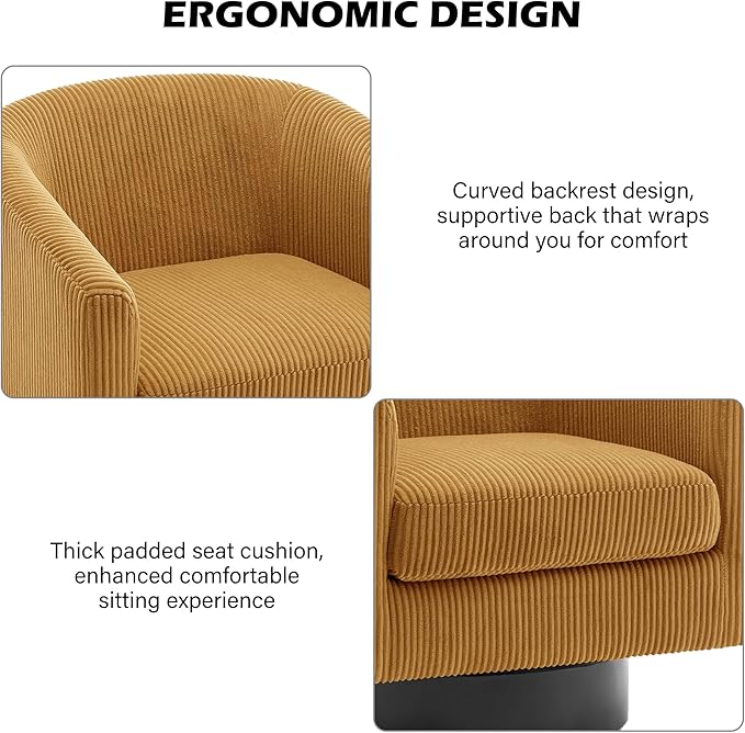 Swivel Barrel Accent Chair, Modern Round Corduroy Fabric Arm Chair for Living Room, Bedroom, Comfy Club Reading Chairs for Adults (Corduroy Orange, Set of 2)