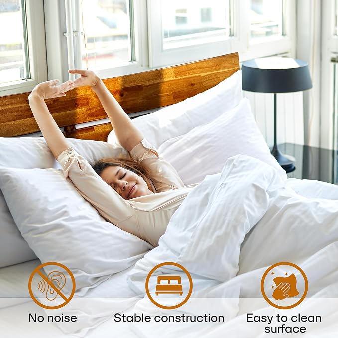 Acacia Aurora Wooden Bed with Headboard, Queen Size Bed Frame, 800lbs Capacity Wood Bed Compatible with All Mattress Types, Non-Slip & Noise-Free, Wood Slats Support, Easy Assembly, Walnut