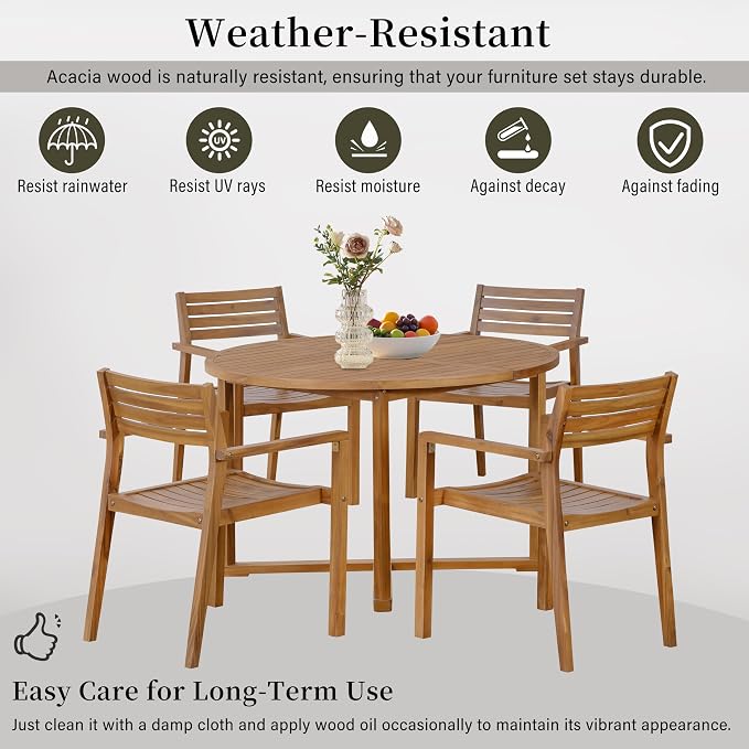 VilroCaz 5-Piece Acacia Wood Outdoor Dining Set for 4, All-Weather 47.2" Round Dining Table with 4 Armchairs and Slatted Design for Patios, Gardens, Pool Sides, and Lawn Areas (Natural-4.11)