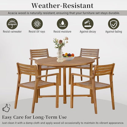 VilroCaz 5-Piece Acacia Wood Outdoor Dining Set for 4, All-Weather 47.2" Round Dining Table with 4 Armchairs and Slatted Design for Patios, Gardens, Pool Sides, and Lawn Areas (Natural-4.11)