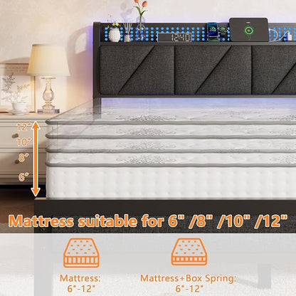 Furnulem King Size Bed Frame with Headboard, LED Light and Charging Station, Metal Platform Bed with Heavy Duty Slats, No Box Spring Needed, Noise Free & Easy Assembly
