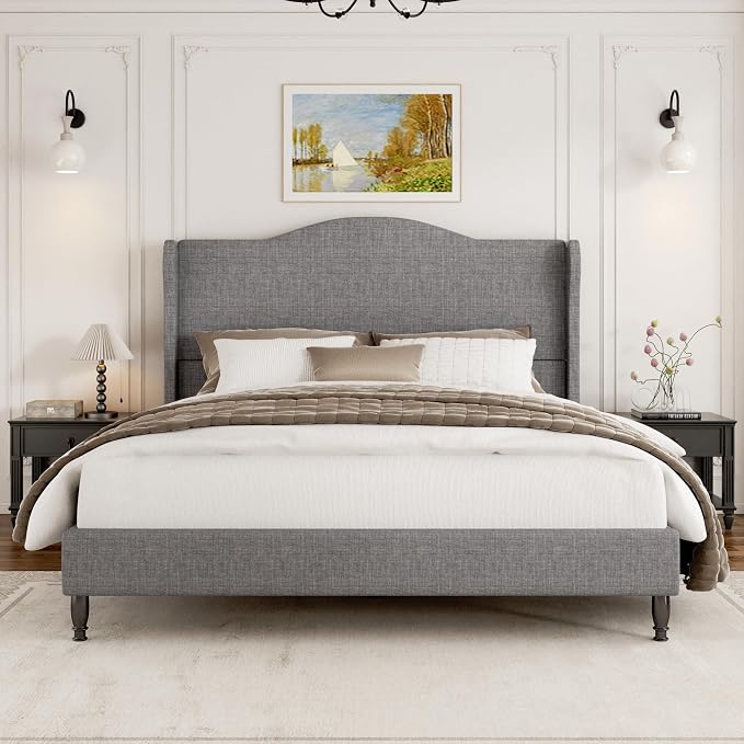 Full Size Bed Frame Upholstered Platform Bed with Tall Arched Wingback Headboard, Sturdy Wooden Slat Support, Easy Assembly No Box Spring Required, Soft Fabric Bed for Bedroom, Light Grey