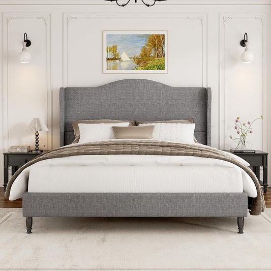 Full Size Bed Frame Upholstered Platform Bed with Tall Arched Wingback Headboard, Sturdy Wooden Slat Support, Easy Assembly No Box Spring Required, Soft Fabric Bed for Bedroom, Light Grey