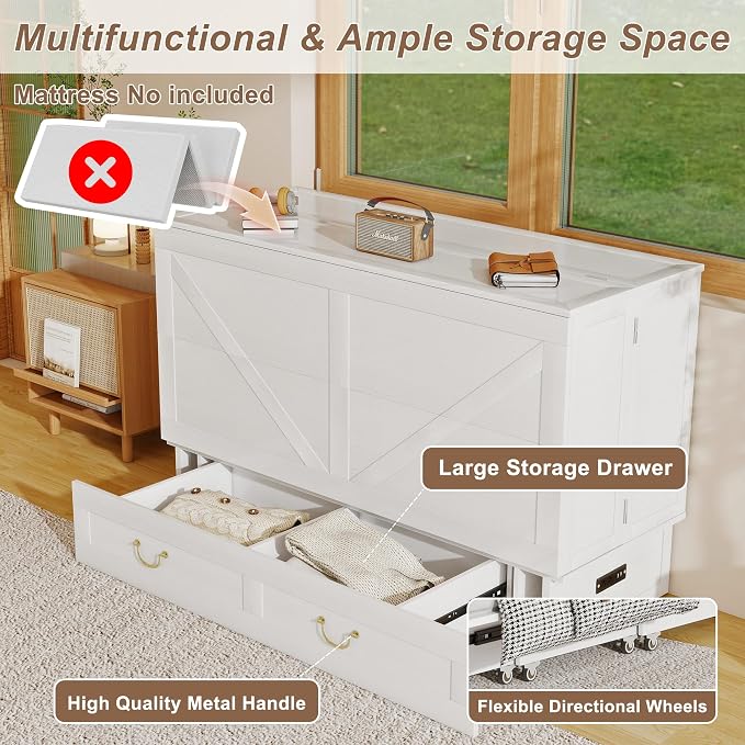 Solid Wood Murphy Bed Cabinet：Queen Size Murphy Bed with USB Charging Station and Large Storage Drawer for Home，Optimize Sleeping Space（Mattress Not Included） White Brown-14