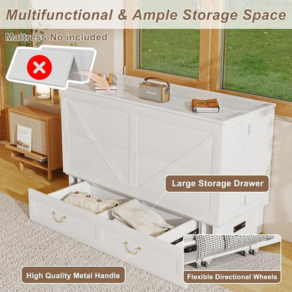 Solid Wood Murphy Bed Cabinet：Queen Size Murphy Bed with USB Charging Station and Large Storage Drawer for Home，Optimize Sleeping Space（Mattress Not Included） White Brown-14