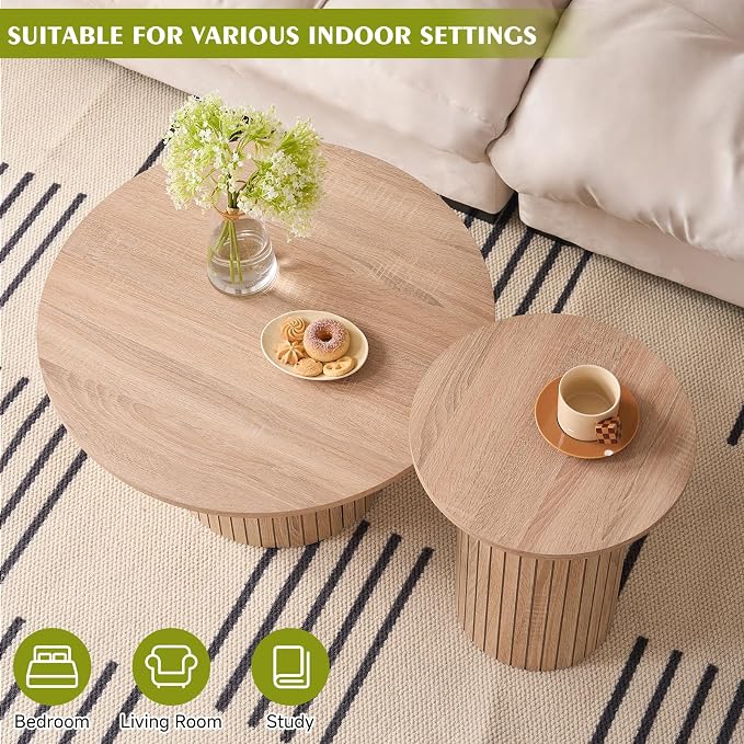 Round Nesting Coffee Table Set of 2, Fluted for Small Spaces | Modern style, suitable for living rooms, roller design, wooden