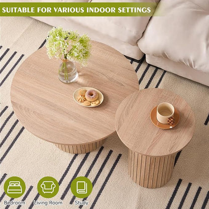 Round Nesting Coffee Table Set of 2, Fluted for Small Spaces | Modern style, suitable for living rooms, roller design, wooden