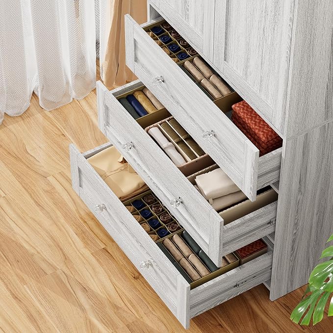 VOWNER Armoire Wardrobe Closet with Drawers and Mirror, 71" Clothing Storage Cabinet with Hanging Rod, 2 Doors Wooden Wardrobe Cabinet for Bedroom, Large Capacity Storage