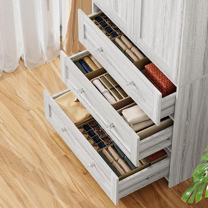VOWNER Armoire Wardrobe Closet with Drawers and Mirror, 71" Clothing Storage Cabinet with Hanging Rod, 2 Doors Wooden Wardrobe Cabinet for Bedroom, Large Capacity Storage
