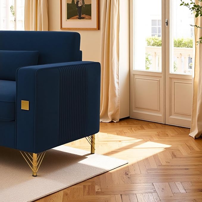 KEIKI 86" Oversized Luxury Velvet Sofa with Armrest and Removable Plush Cushions, Gold Accents 3-Seater Couch with Solid Legs, Easy Assembly, for Living Room, Bedroom, Apartment, Blue
