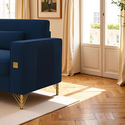 KEIKI 86" Oversized Luxury Velvet Sofa with Armrest and Removable Plush Cushions, Gold Accents 3-Seater Couch with Solid Legs, Easy Assembly, for Living Room, Bedroom, Apartment, Blue