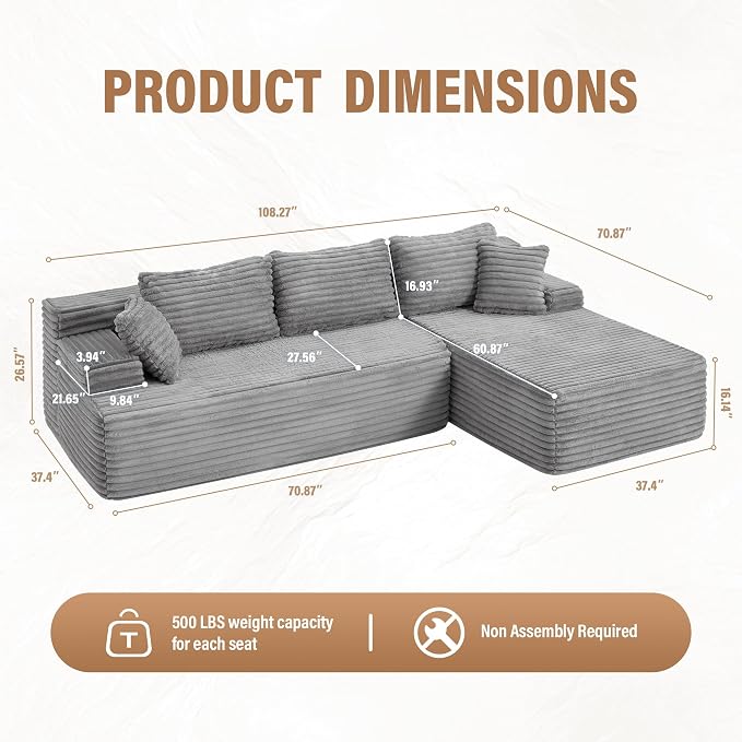 Hobestluk Boneless Couch Modular Sectional Sofa L-Shape Oversized Chaise | 108" Right Facing Chaise Light Grey,Memory Foam,Removable Cover,Non-slip Bottom,No Assemble Required,Living Room Furniture