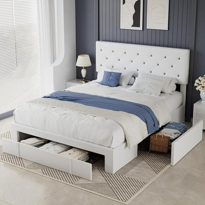 VECELO Full Size Bed Frame with 3 Storage Drawers, Leather Upholstered with Diamond Tufted Headboard, Solid Wood Slat Support & Steel Framework, PU & White