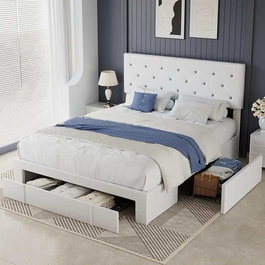VECELO Full Size Bed Frame with 3 Storage Drawers, Leather Upholstered with Diamond Tufted Headboard, Solid Wood Slat Support & Steel Framework, PU & White