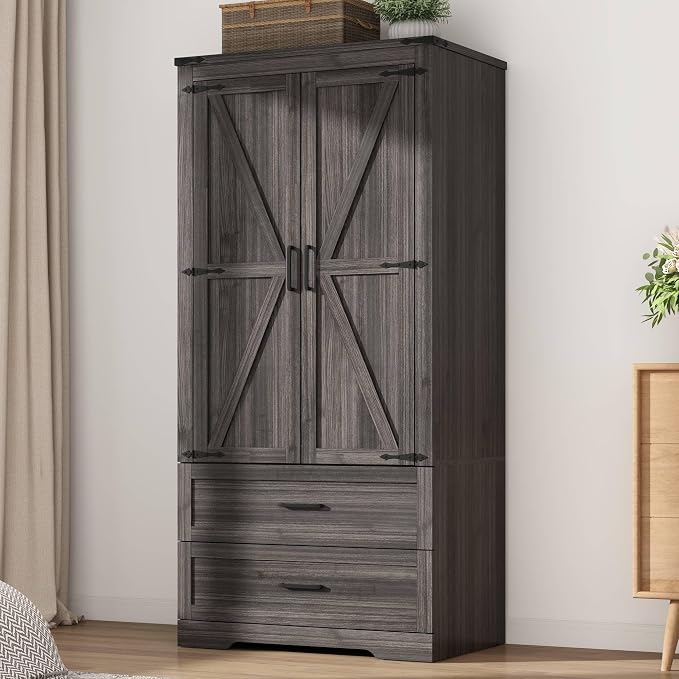Hlivelood 2 Doors Wardrobe Armoire Closet with Doors and Drawers, Farmhouse Wooden Armoire Storage Cabinet with Shelves & Hanging Rod for Bedroom, Grey