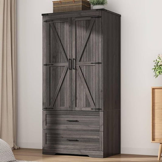 Hlivelood 2 Doors Wardrobe Armoire Closet with Doors and Drawers, Farmhouse Wooden Armoire Storage Cabinet with Shelves & Hanging Rod for Bedroom, Grey