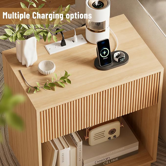 Fluted Nightstands Set of 2, Night Stand with Charging Station, Modern Bed Side Table with Drawer and Storage Shelf, Wood Mid Century End Table for Bedroom Living Room (Oak)