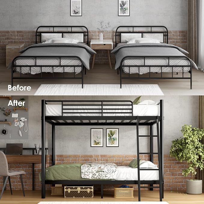 sogesfurniture Twin Over Twin Bunk Bed with 2 Mattresses Included, Bunkbeds | Space-Saving Bundle Heavy-Duty Metal Frame 6-Inch CertiPUR-US Mattresses 11.8" Safety Guardrails Easy Assembly Wide Ladder