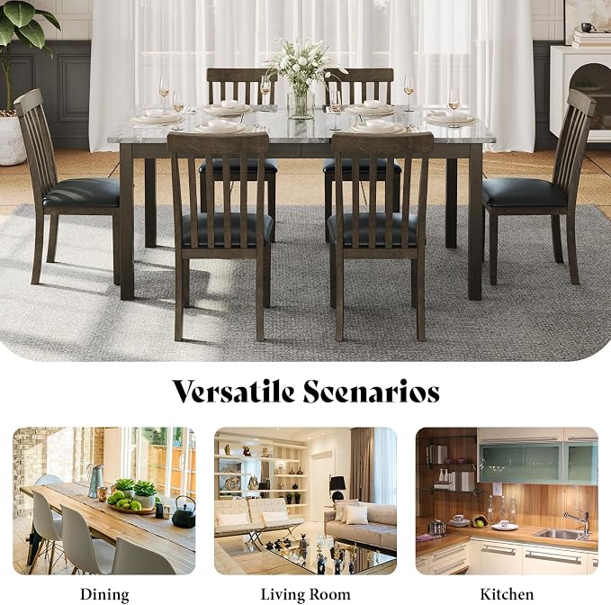 AMERLIFE 7-Piece Dining Table Set, 71" Faux Marble Modern Table with 6 PU Leather Upholstered Chairs, Heavy-Duty Solid Wood Set for Kitchen & Dining Room, Dark Brown