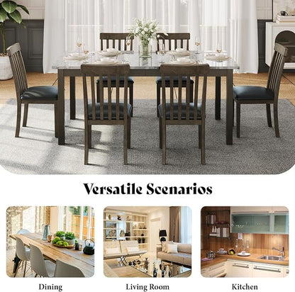 AMERLIFE 7-Piece Dining Table Set, 71" Faux Marble Modern Table with 6 PU Leather Upholstered Chairs, Heavy-Duty Solid Wood Set for Kitchen & Dining Room, Dark Brown