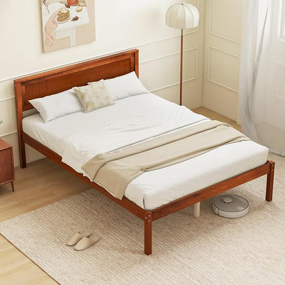 Giantex Full Size Wood Platform Bed with Headboard, Mid Century Solid Wood Full Bed with Slat Support, Double Bed Frame with 16" Under Bed Storage, No Box Spring Needed, Easy Assembly, Walnut