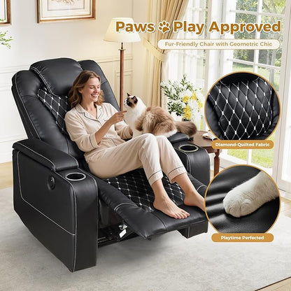 ANJ Power Recliner Chair Set of 3, Electric Soft Faux Leather Reclining Home Faux Theater Seating - USB Ports, Cup Holders, Hidden Arm Storage Movie & Media Room Chairs (Black)
