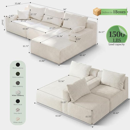 Homkdom 98" Boneless Modular Sectional Sofa, Cloud Couch with 27" Deep Seat & Oversized Chaise, L-Shaped High-Density Foam Sofa for Living Room Apartment, No Assembly Required (White, Right Facing)
