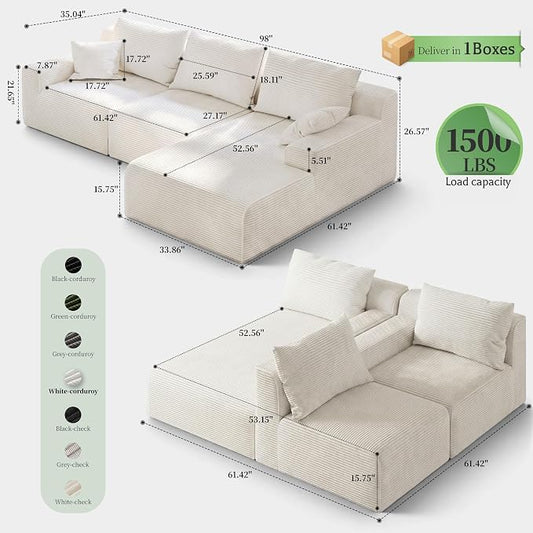 Homkdom 98" Boneless Modular Sectional Sofa, Cloud Couch with 27" Deep Seat & Oversized Chaise, L-Shaped High-Density Foam Sofa for Living Room Apartment, No Assembly Required (White, Right Facing)