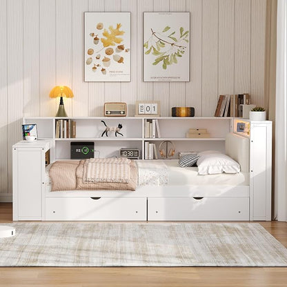 Bellemave Full Corner Bed with Storage Shelves and Desk, Upholstered Headboard Daybed with Bookcase and Drawers，Daybed with Storage, White+Beige Cushion