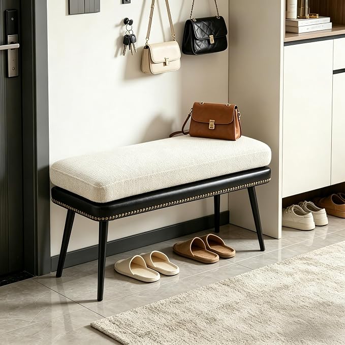 Forteek 32" Retro Upholstered Entryway Bench, Shoe Bench with Cushion | Leather & Fabric Padded Bench, End of Bed Bench for Bedroom, Dining Bench for Living Room, Storage Bench for Hallway & Foyer