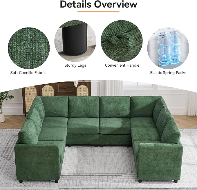 104'' U Shaped Modular Sofa, Sectional Couches with Storage for Living Room, Oversized 8 Seater Cloud Sectional Couch, Chenille Dark Green